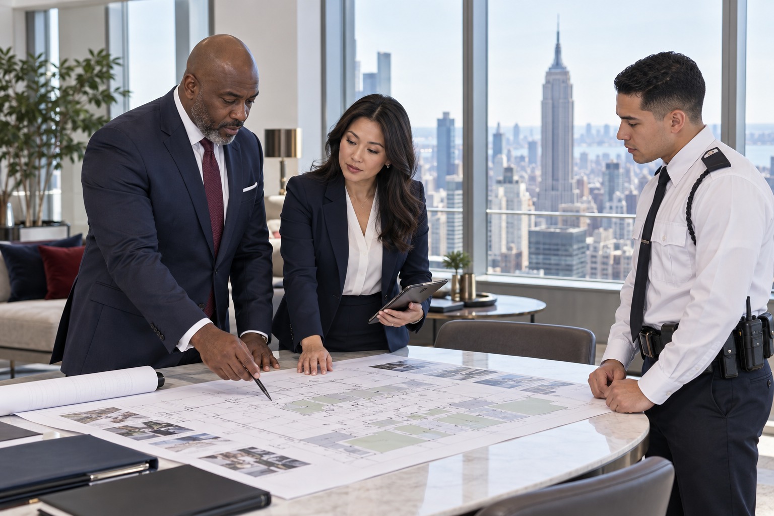 Illustrative pre-shift briefing with an operations supervisor, account manager and security officer